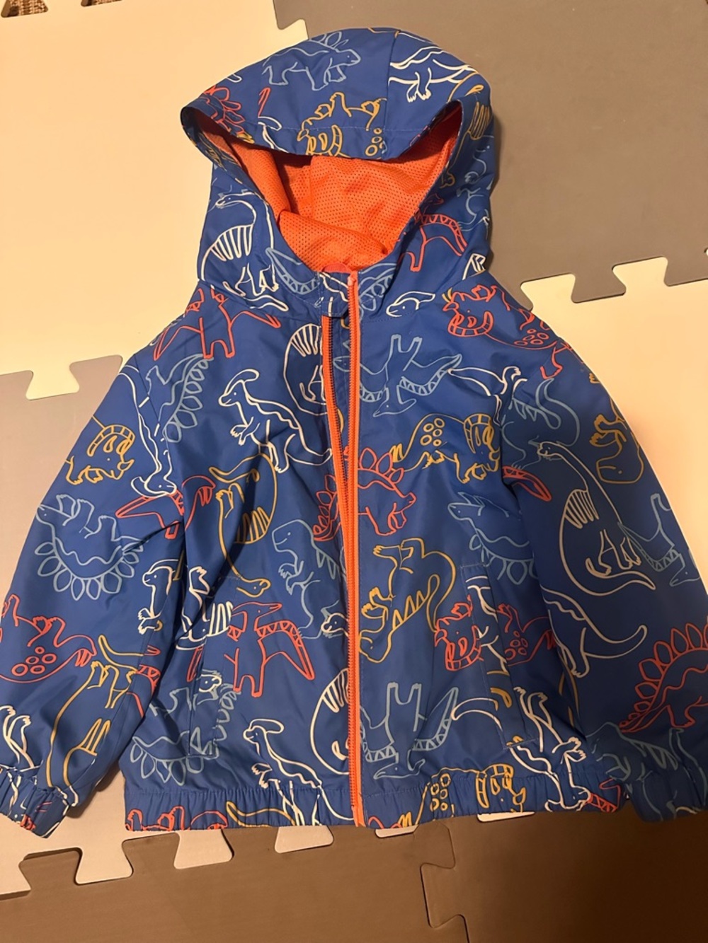 Cat & Jack Blue Dinosaur Hooded Puffer Jacket with Orange Accents